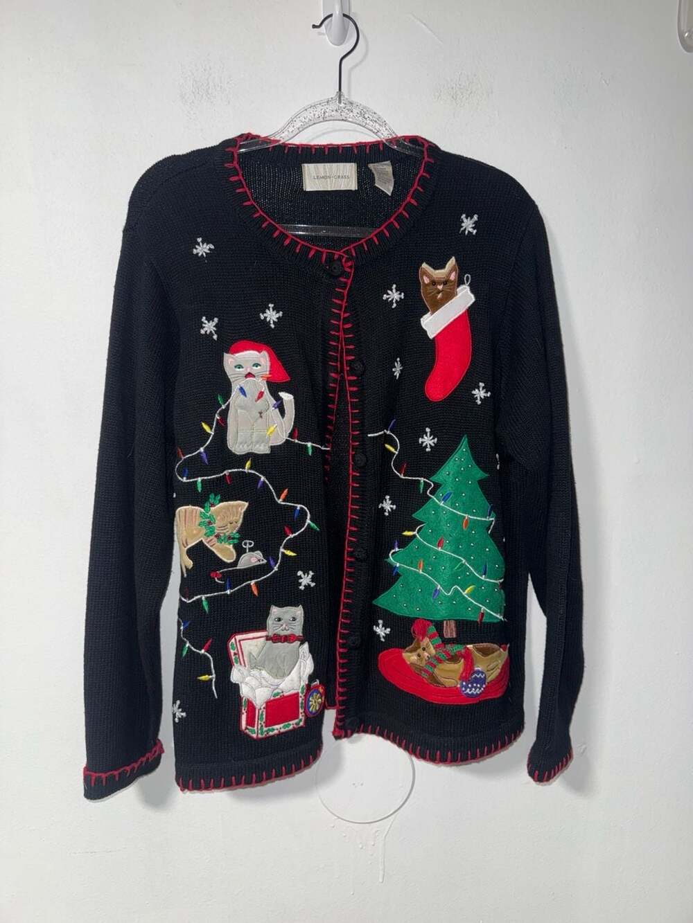 Lemon Grass Christmas Cat Cardigan Size L